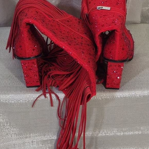 Jessica Simpson Red Sequin Fringe Heeled Boots - Picture 6 of 8